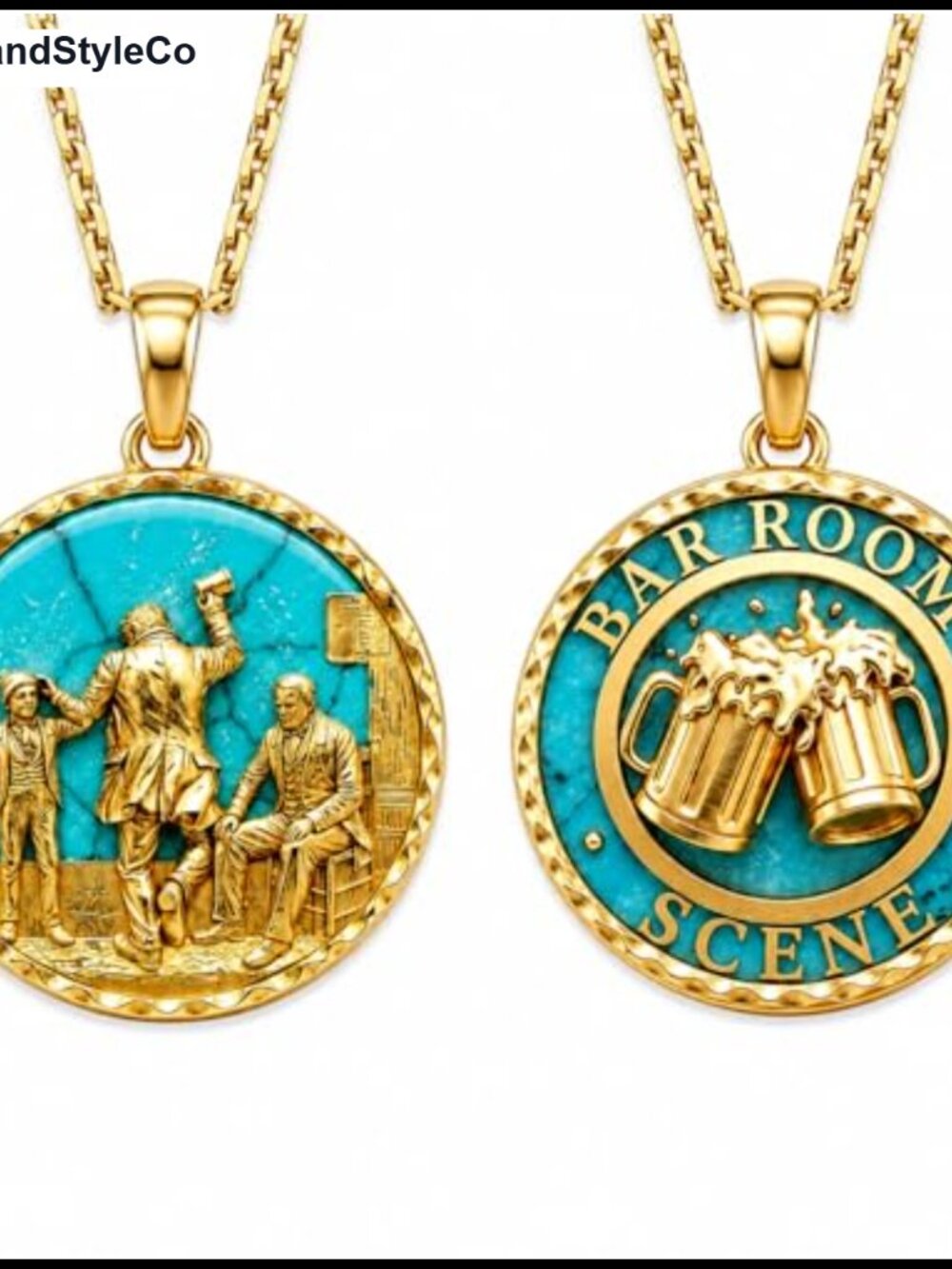 14K Gold Plated Natural Turquoise Carved Coin Necklace Pendant